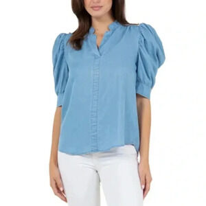 John Paul Richard Puff Sleeve Chambray Blouse Size M NEW